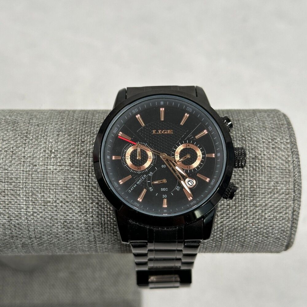 Lige Watch Mens 42mm Black Date Chrono 7.25" Stainless Steel Quartz New Battery